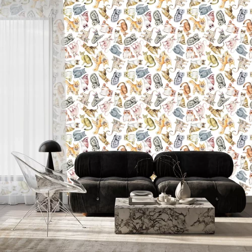 Behang Naadloos patroon met tien verschillende die rassen van katten op witte achtergrond worden geïsoleerd. Aquarel potloden hand getekende illustratie