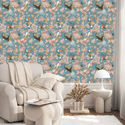 Behang Bloemen en kleurrijke papegaaien blauwe achtergrond