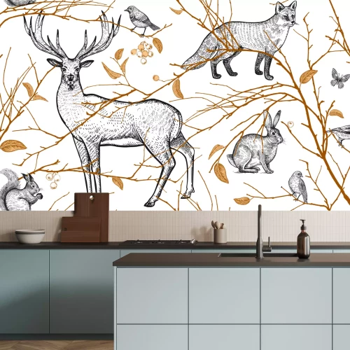 Sticker Naadloos patroon met boomtakken, bosdieren en vogels. Herten, vos, haas, eekhoorn. Vector illustratie kunst. Natuurlijk ontwerp voor stoffen, textiel, papier, achtergronden. Goud zwart, wit. Wijnoogst