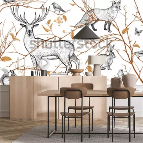 Sticker Naadloos patroon met boomtakken, bosdieren en vogels. Herten, vos, haas, eekhoorn. Vector illustratie kunst. Natuurlijk ontwerp voor stoffen, textiel, papier, achtergronden. Goud zwart, wit. Wijnoogst