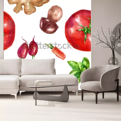 Sticker Aquarel Naadloze, patroon grove mint witte paddestoel tomaat gember. Grote verzameling van handgeboorde illustraties. Goed voor boekillustratie, tijdschrift of tijdschriftartikel.