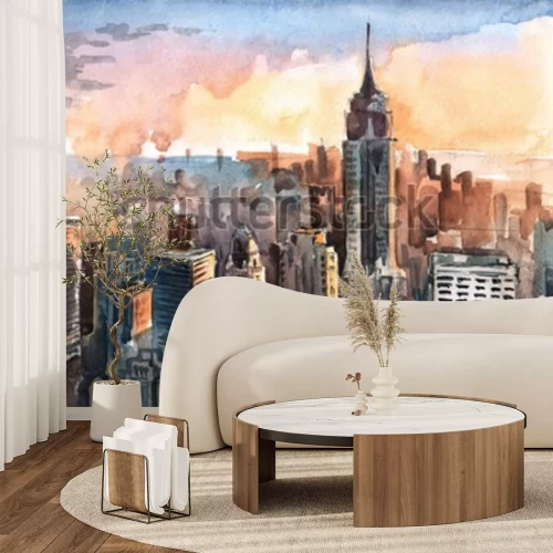 Fotobehang Waterverf van de Wolkenkrabbers van Manhattan - New York