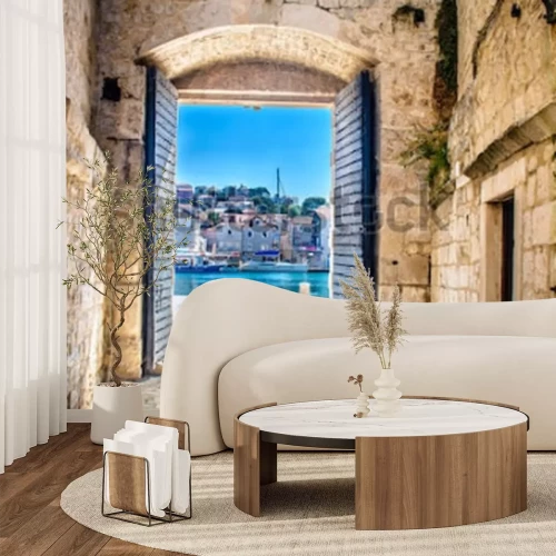 Fotobehang Poort met uitzicht op de haven