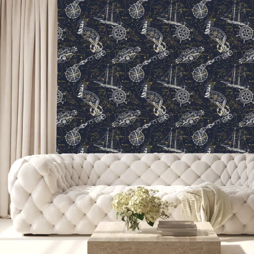 Behang Grunge uitstekende zeevaartgrafiek met mariene kentekens en elementen vector naadloos patroon