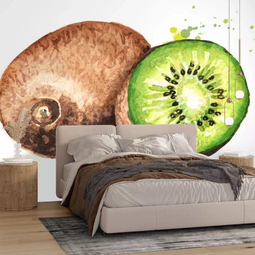 Sticker Rijp geheel kiwifruit en half kiwifruit. Aquarel hand getekende illustratie op een witte achtergrond