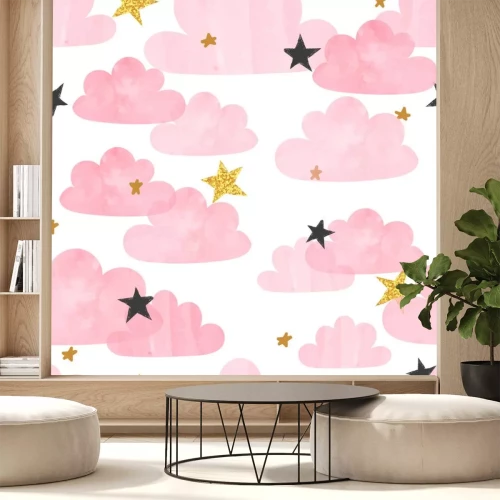 Sticker Roze waterverf wolken en sterren