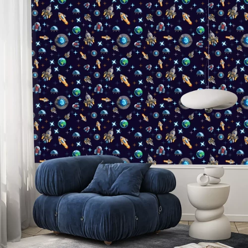 Behang Naadloze achtergrond met pixel vliegende ruimteraketten en schip onder planeten