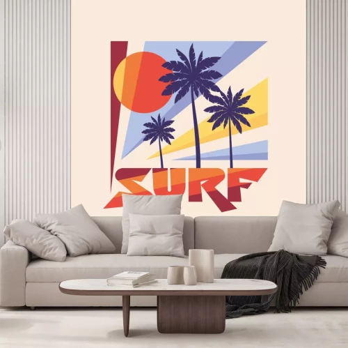 Sticker Surf - vector illustratie concept in vintage grafische stijl voor t-shirt en andere printproductie. Palmen, zonillustratie. Badge logo ontwerp. 80's stijl vintage retro Californië strand.