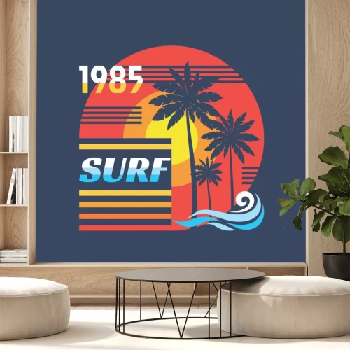Sticker Surf - vector illustratie concept in vintage grafische stijl voor t-shirt en andere printproductie. Palmen, zon. Badge logo ontwerp. Jaren 80 stijl retro Californië strand.