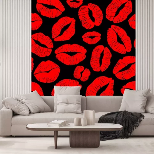 Sticker Rode lippen afdrukken geïsoleerd op zwarte achtergrond.