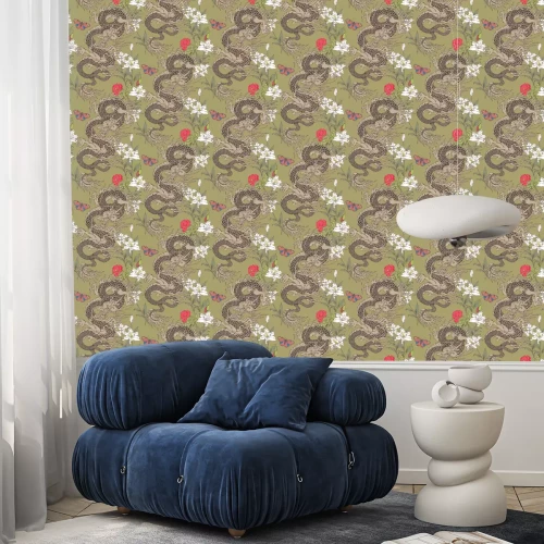 Behang Oosterse stijl met Aziatische draken en bloemen