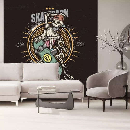 Sticker Het skelet doet een truc op een skateboard