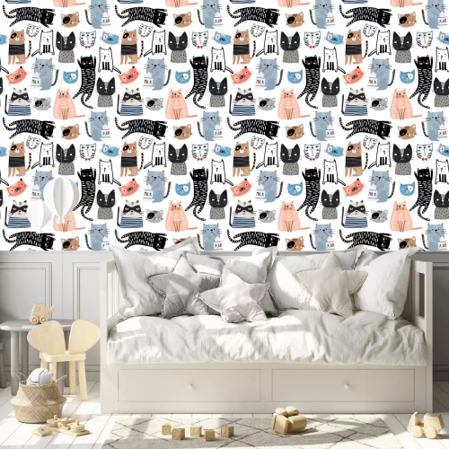 Behang Naadloos patroon met schattige katjes in verschillende stijl. Creatieve kinderachtige textuur. Geweldig voor stof, textiel Vector Illustratie