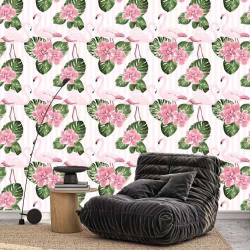 Behang Lichtroze flamingo's en monstera bladeren