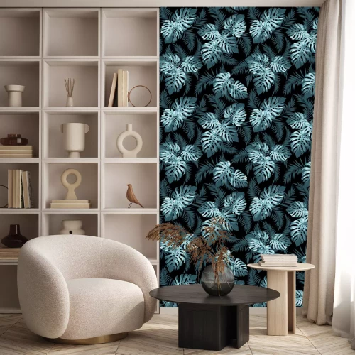 Behang Turquoise tropische bladeren op een zwarte achtergrond