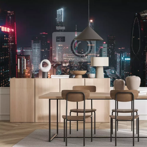 Fotobehang Wolkenkrabbers van een moderne stad 's nachts