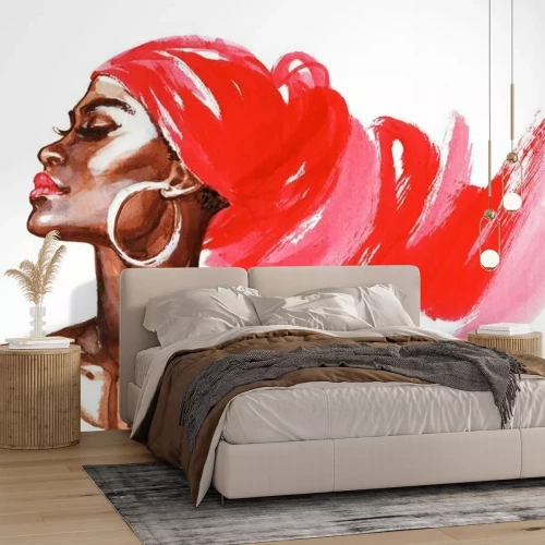 Sticker Aquarel schoonheid Afrikaanse vrouw. Schilderij mode illustratie. Hand getekend portret van mooi meisje op witte achtergrond