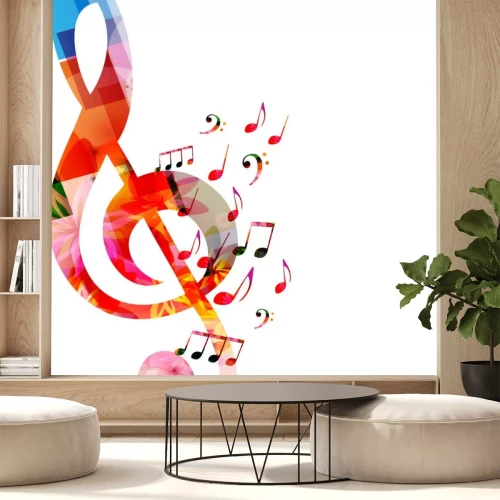 Sticker Muziekachtergrond met kleurrijke muzieknota's en g-Sleutel vectorillustratieontwerp. Artistieke muziek festival poster, live concert evenementen, muziek merkt tekens en symbolen