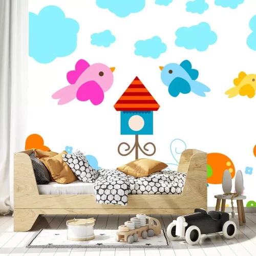 Sticker Kleurrijk vogelhuisje tussen bloemen