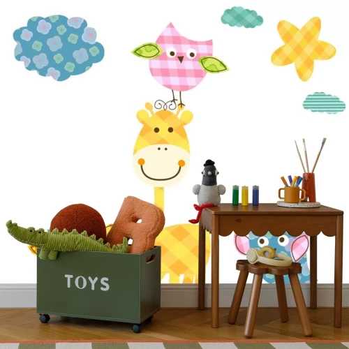 Sticker Gele geruite giraf onder vogels