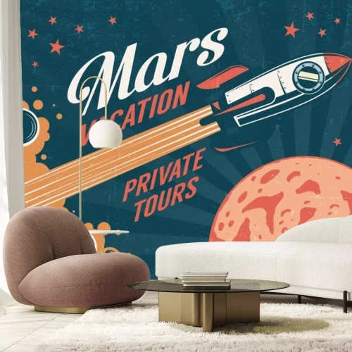 Sticker Vintage poster - raket vliegt naar de planeet Mars. Versleten textuur op een afzonderlijke laag.