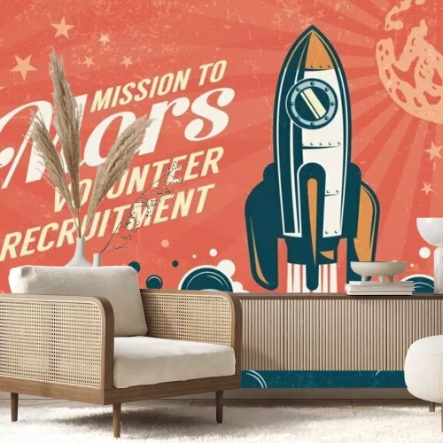 Sticker Een afbeelding met een raketlancering en een opschrift in retrostijl.