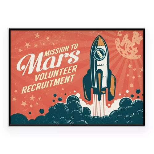 Poster Een afbeelding met een raketlancering en een opschrift in retrostijl.