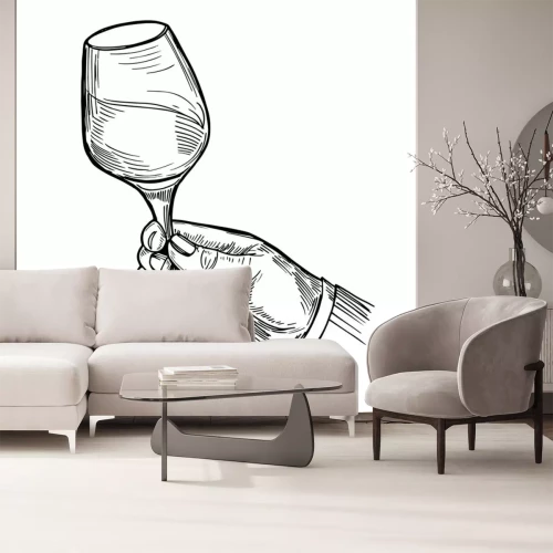 Sticker Hand met een glas wijn. Gravure stijl. Hand getekende illustratie omgezet in vector.