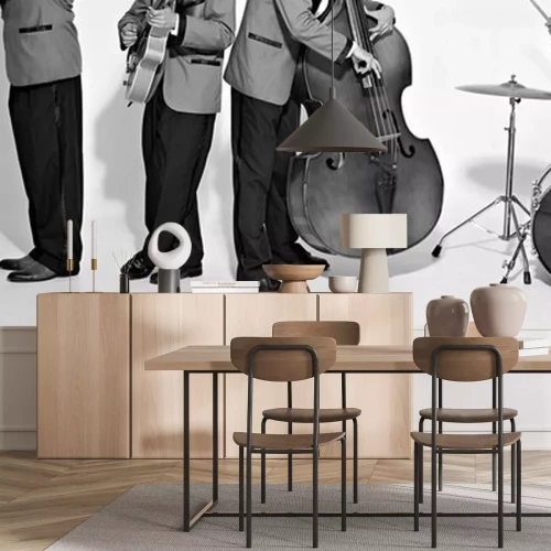 Sticker Jazzbandspelers op wit. Vintage muziek achtergrond