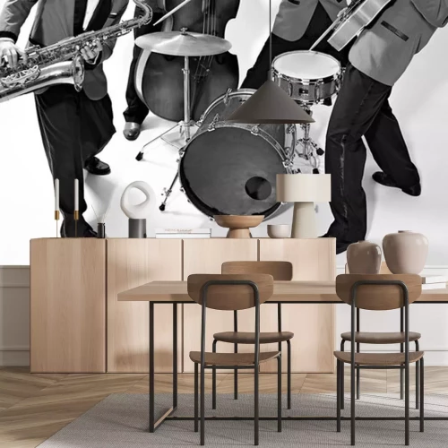 Sticker Jazzbandspelers op wit. Vintage muziek achtergrond