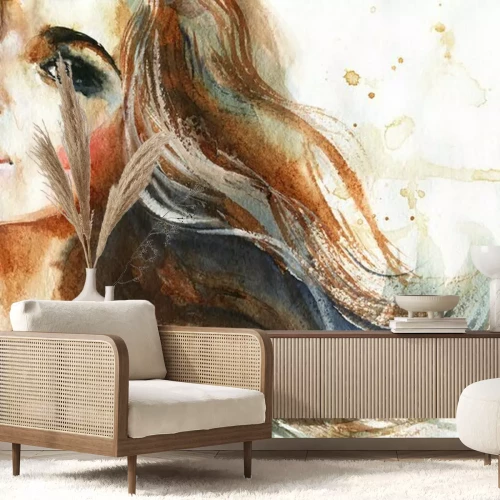 Sticker Aquarel schoonheid jonge vrouw. Hand getekend portret van meisje. Schilderij mode illustratie op witte achtergrond