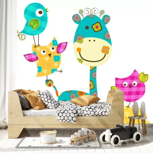 Sticker Een bloemengiraf omringd door kleurrijke vogels