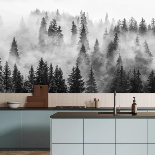 Fotobehang Mistig bos zwart-wit landschap