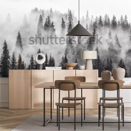 Fotobehang Mistig bos zwart-wit landschap