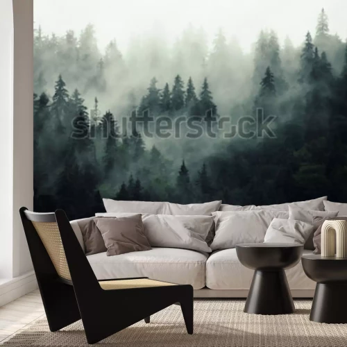 Fotobehang Mistig bos met sparren