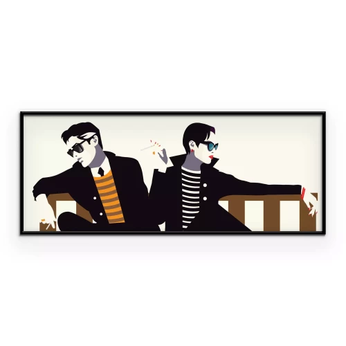 Poster Een vrouw en een man zitten op een bankje in de stijl van popart.