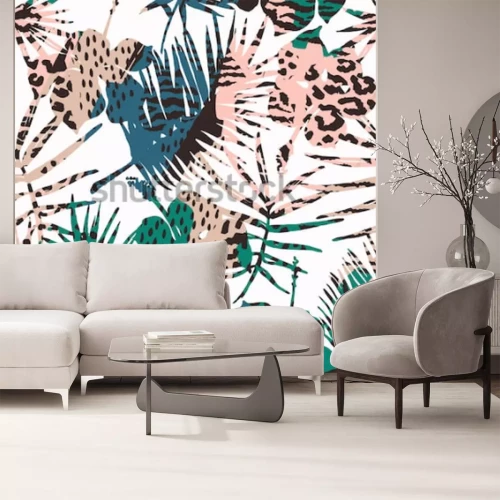 Sticker Trendy naadloos exotisch patroon met palm, dierlijke af: drukken en hand getrokken texturen. Vector illustratie Modern abstract ontwerp voor papier, behang, dekking, stof, interieur en ander gebruik