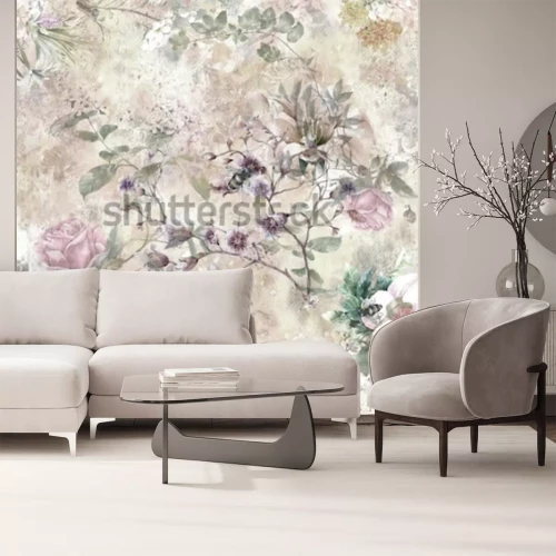 Fotobehang Groene wijnstokken op de textuur van de muur