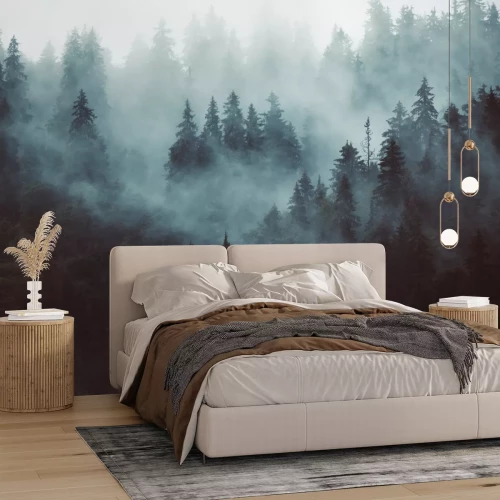 Sticker Nevelig landschap met sparbos in hipster uitstekende retro stijl