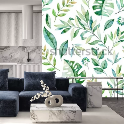 Sticker Aquarell verlässt nahtloses Muster der Niederlassung auf weißem Hintergrund. Beschaffenheit mit grünen, Niederlassung, Blättern, tropischen Blättern, Laub. Vervollkommnen Sie für Hochzeit, Abdeckungse