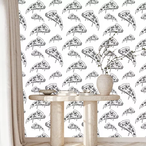 Behang Zwart-wit stukjes pizza met kaas