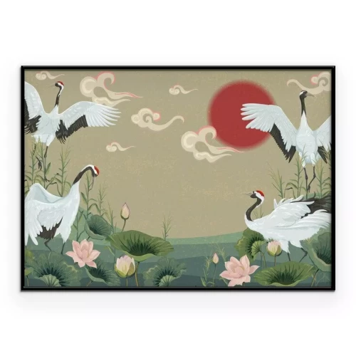 Poster Japans landschap met kraanvogels
