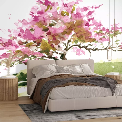 Sticker Kersenbloesem boom tekening door aquarel, aquarelle schets van bloeiende appel bloesem, schilderij tuin, hand getrokken vector kunst achtergrond