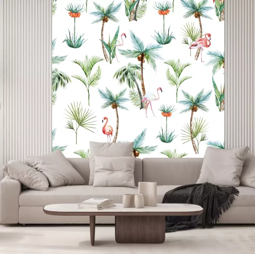 Fotobehang Wit tropisch motief met flamingo's