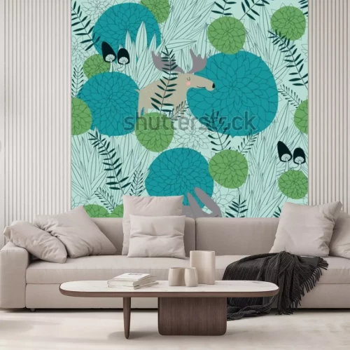 Sticker Naadloze bosachtergrond met leuke bosinstallaties, elanden, hazen en paddestoelen in beeldverhaalstijl.