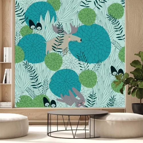 Sticker Naadloze bosachtergrond met leuke bosinstallaties, elanden, hazen en paddestoelen in beeldverhaalstijl.