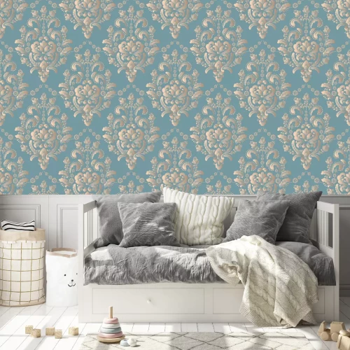 Behang Beige dessin met ornamenten op een turquoise achtergrond