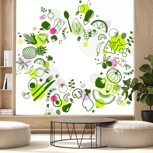 Sticker colourful & healthy food background - vector illustration