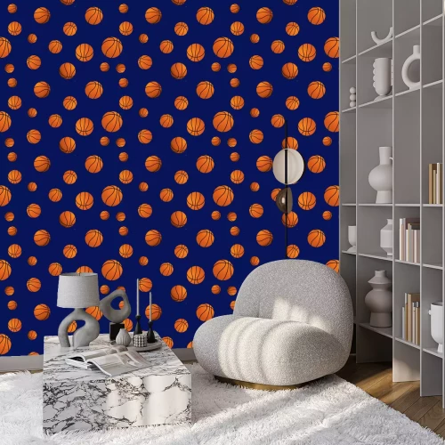 Behang Vector seamless pattern with basketball on blue background.