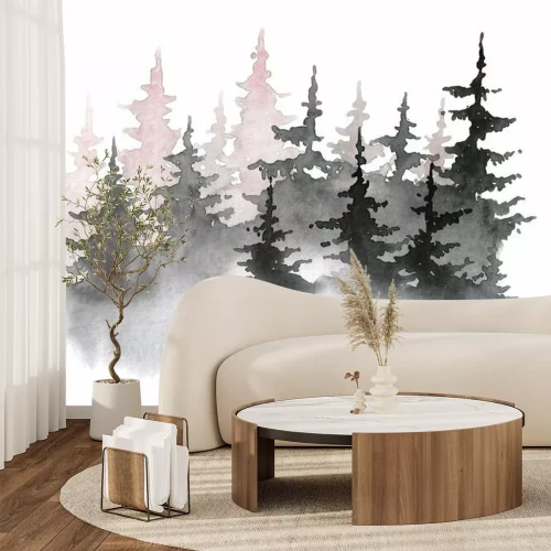 Sticker Watercolor hand drawn illustration with Forest. silhouette of a pine forest. Forest background for calligraphic inscription.